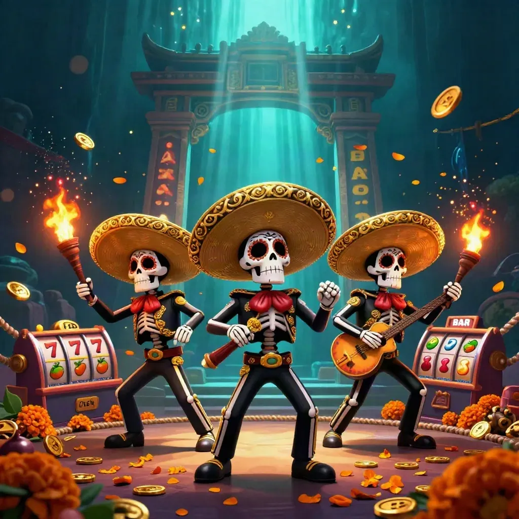 Three skeleton mariachi performers with gold sombreros amid coins, reels, sparks, and neon casino glow.