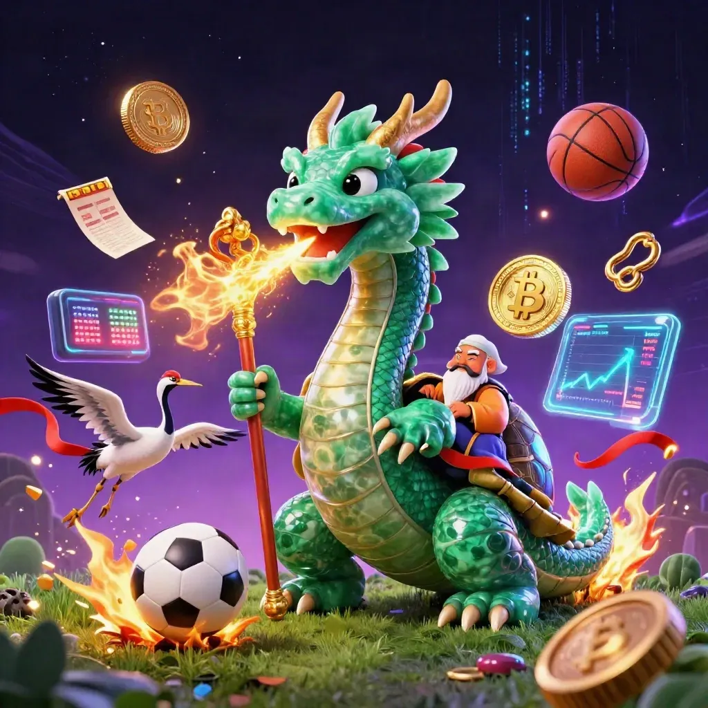 Jade dragon, turtle sage, cranes, balls, coins, lightning, and neon casino glow in a ground-level splash scene.