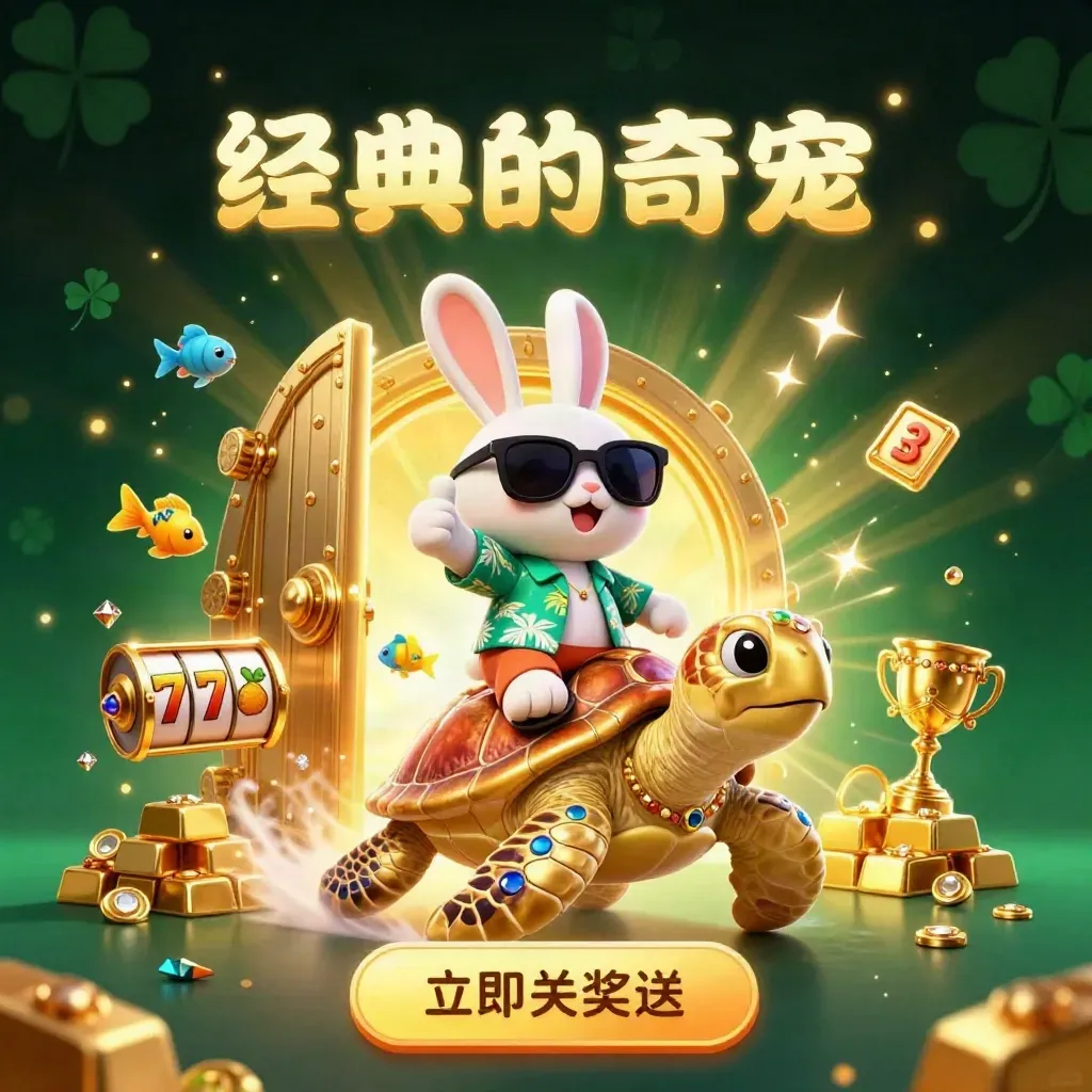 Cartoon lucky rabbit rides a gold sea turtle through a glowing treasure vault with gold, gems, and fish.