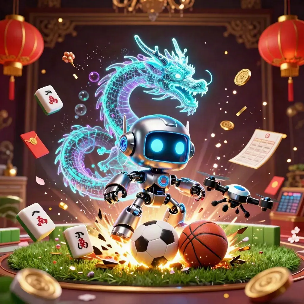 Cyberpunk robot, AI dragon and coin drone amid soccer ball, basketball and casino effects.