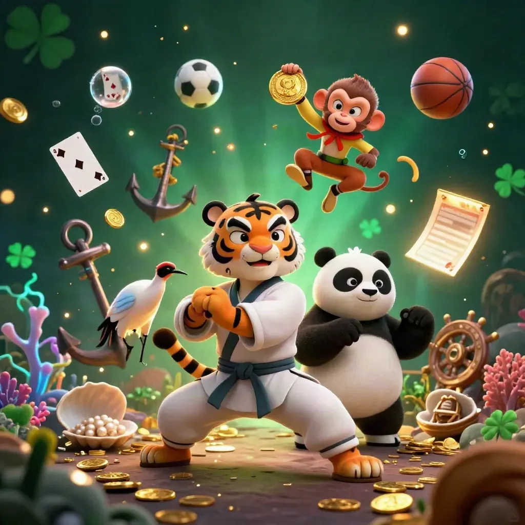 Kung-fu tiger, panda, and monkey amid coins, coral, cards, and flying sports balls