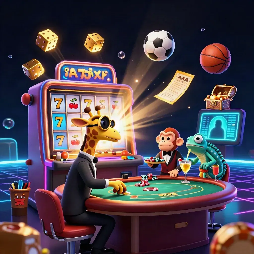 Giraffe high roller, monkey valet, and chameleon bartender amid jackpot bursts, balls, and glowing casino props