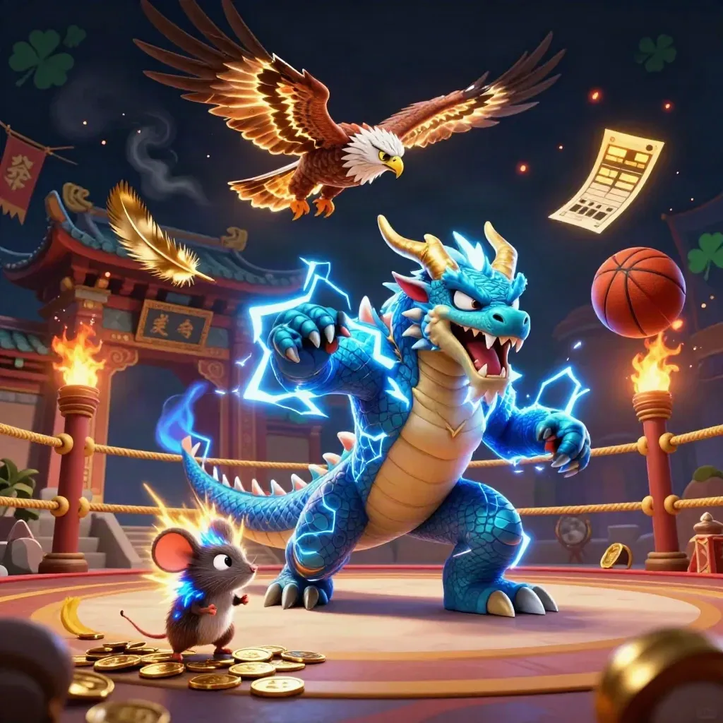 Thunder dragon, wind hawk, and crackling mouse amid balls, coins, ring, temple gate, and lightning.