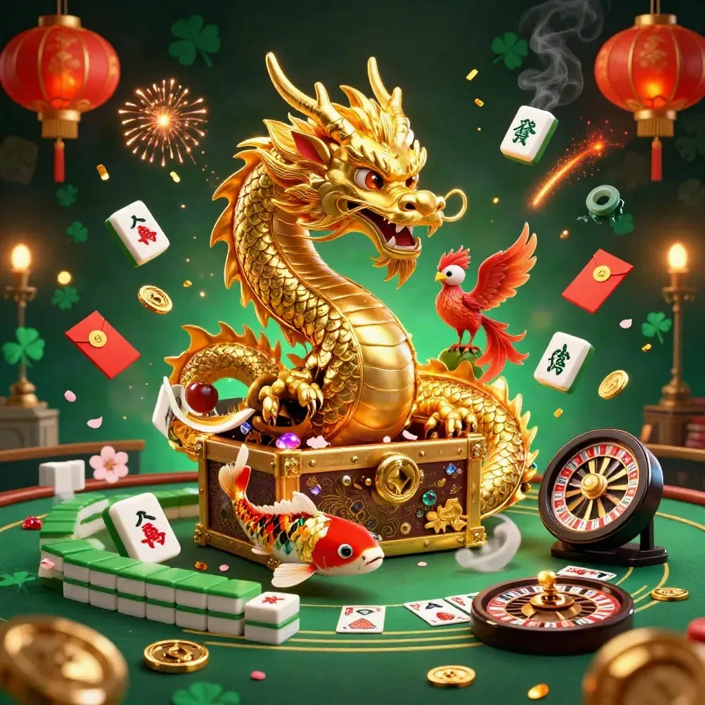 Golden dragon, phoenix, koi, and casino symbols in a luxe emerald-and-gold scene.