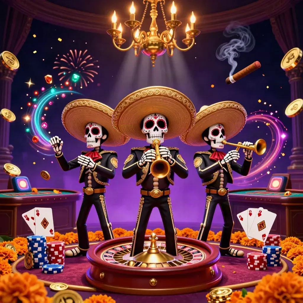 Day-of-the-Dead mariachi skeletons amid casino gold, roulette, chips, cards, sparks, and magic
