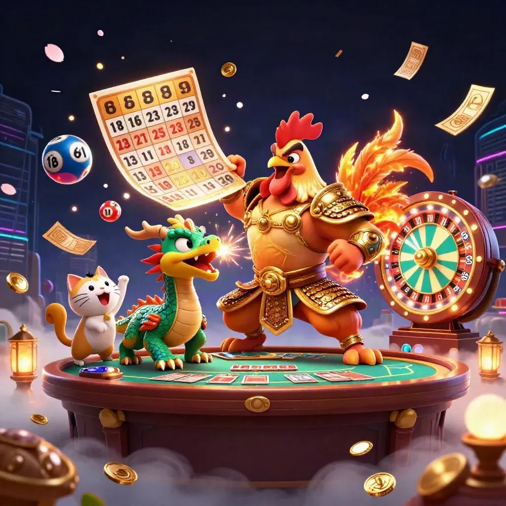 Rooster samurai, spark-breathing dragon hatchling, and cheering fortune-cat amid casino magic