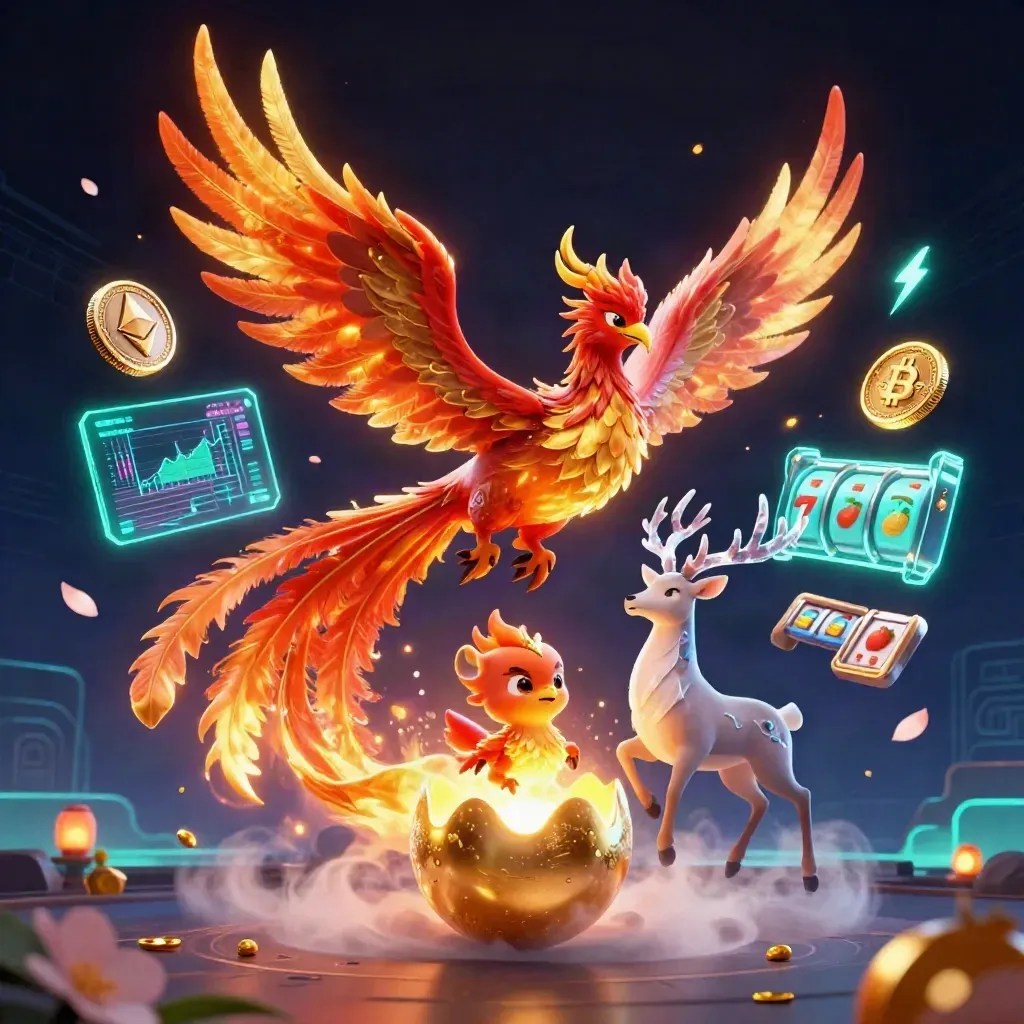 Phoenix, baby phoenix, and crystalline stag burst amid coins, lightning, petals, and runes.