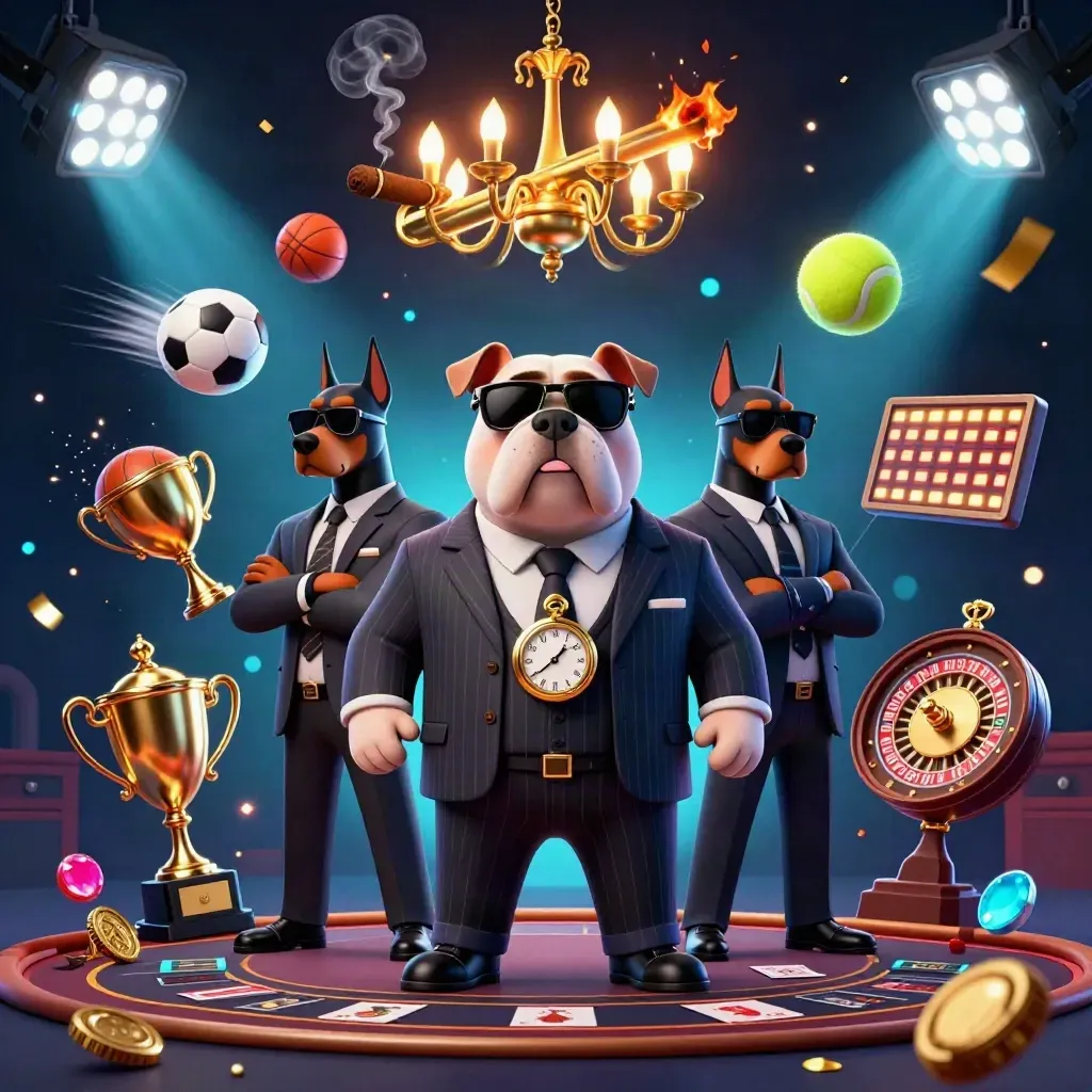 Bulldog mob boss and two Dobermans amid casino and sports icons under neon floodlights