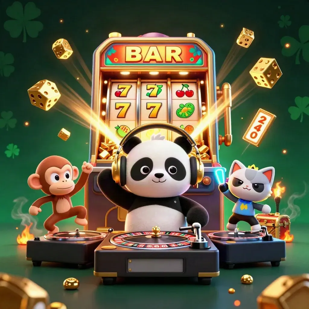 DJ panda, breakdancing monkey and glow kitten amid slot jackpots, dice and treasure