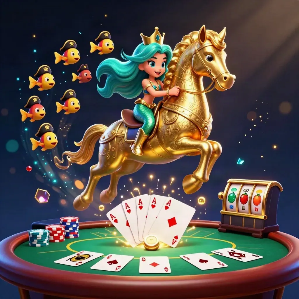 Mermaid princess on a golden seahorse amid poker chips, aces, fish, and neon casino sparks.
