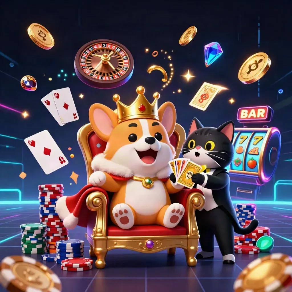 Royal corgi and cat butler on chip throne with coins, gems, roulette wheel, and neon casino glow.