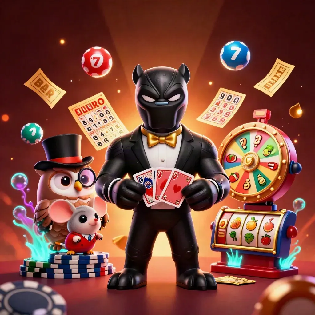 Panther, owl, and mouse in casino key art with glowing teal, gold, and crimson effects.