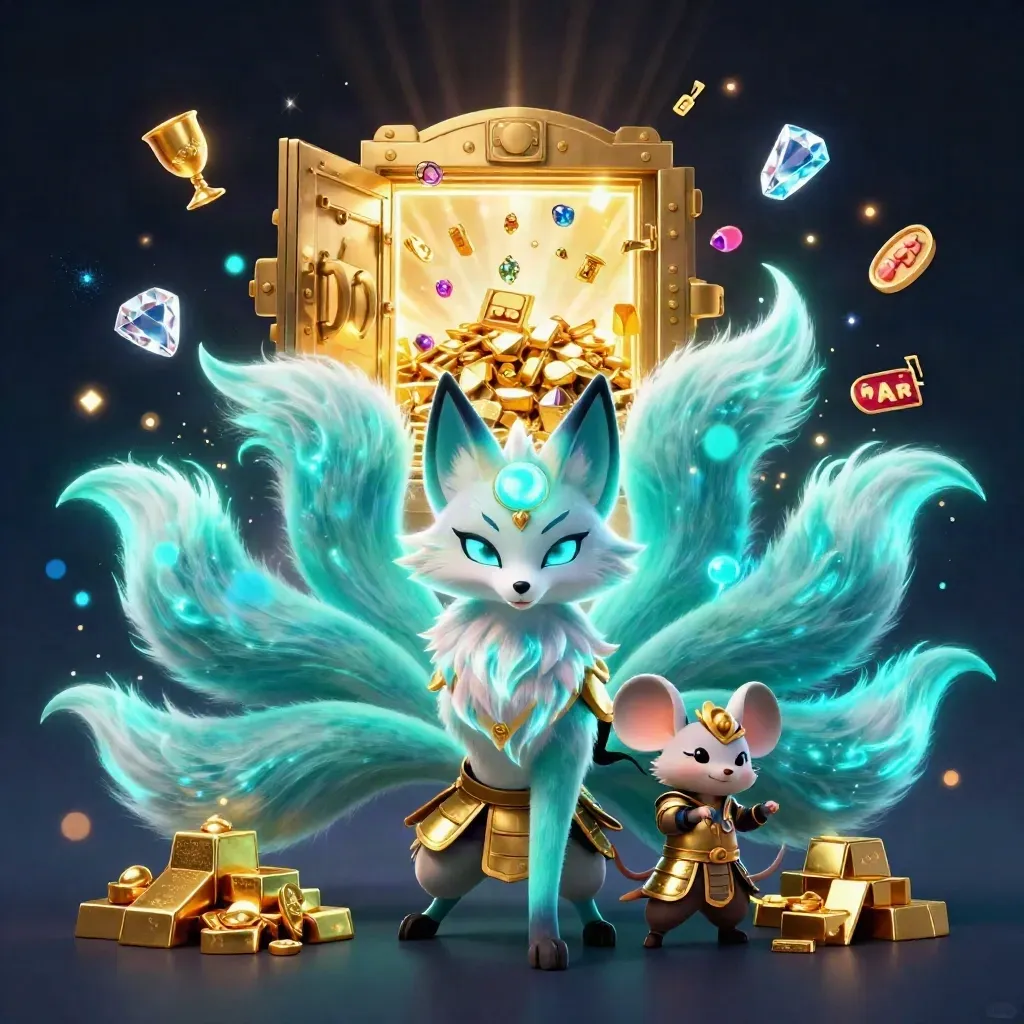 Fox spirit and samurai mouse amid treasure, gems, and glowing vault light