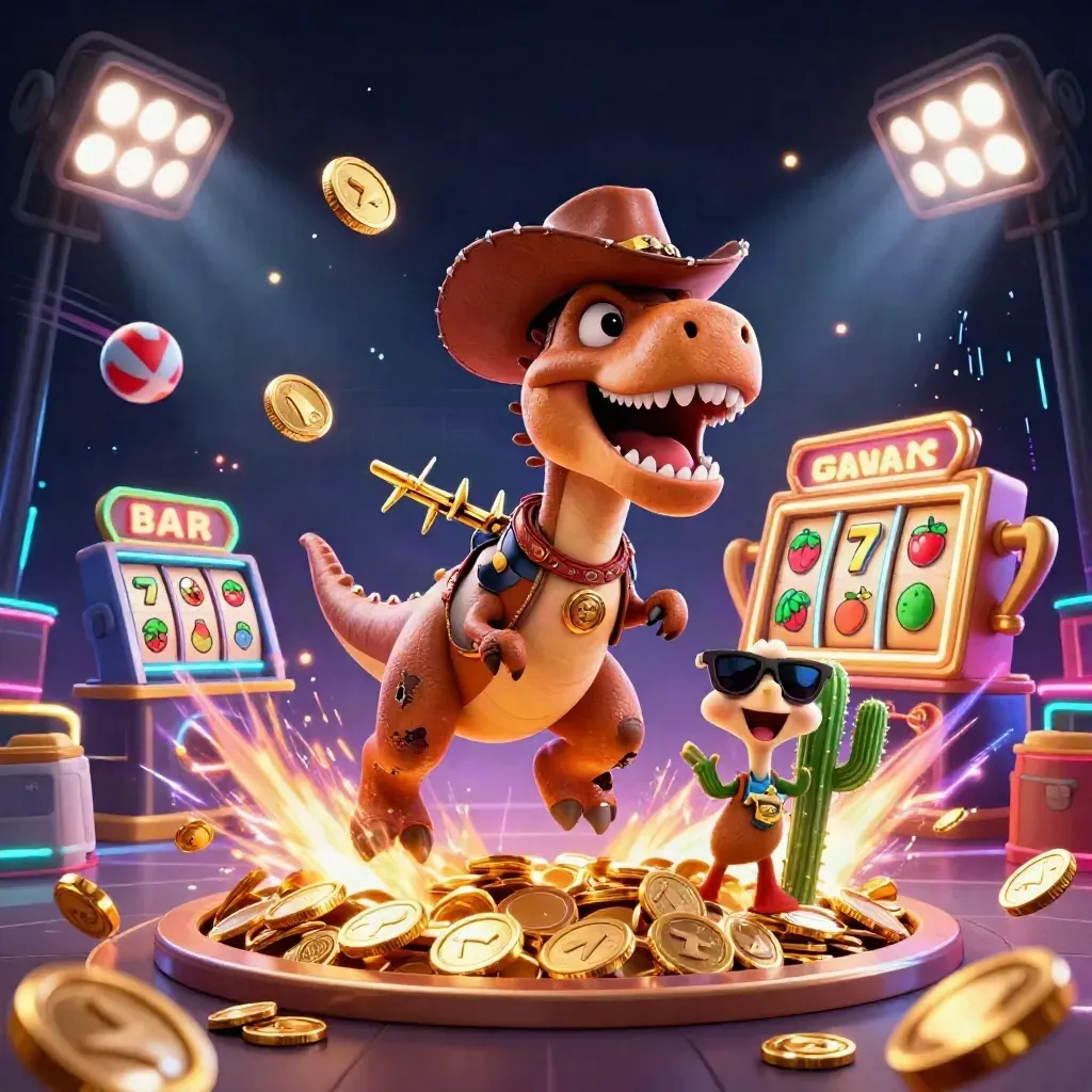 Cowboy T-Rex, cactus sidekick, and roadrunner burst through coins and neon casino effects