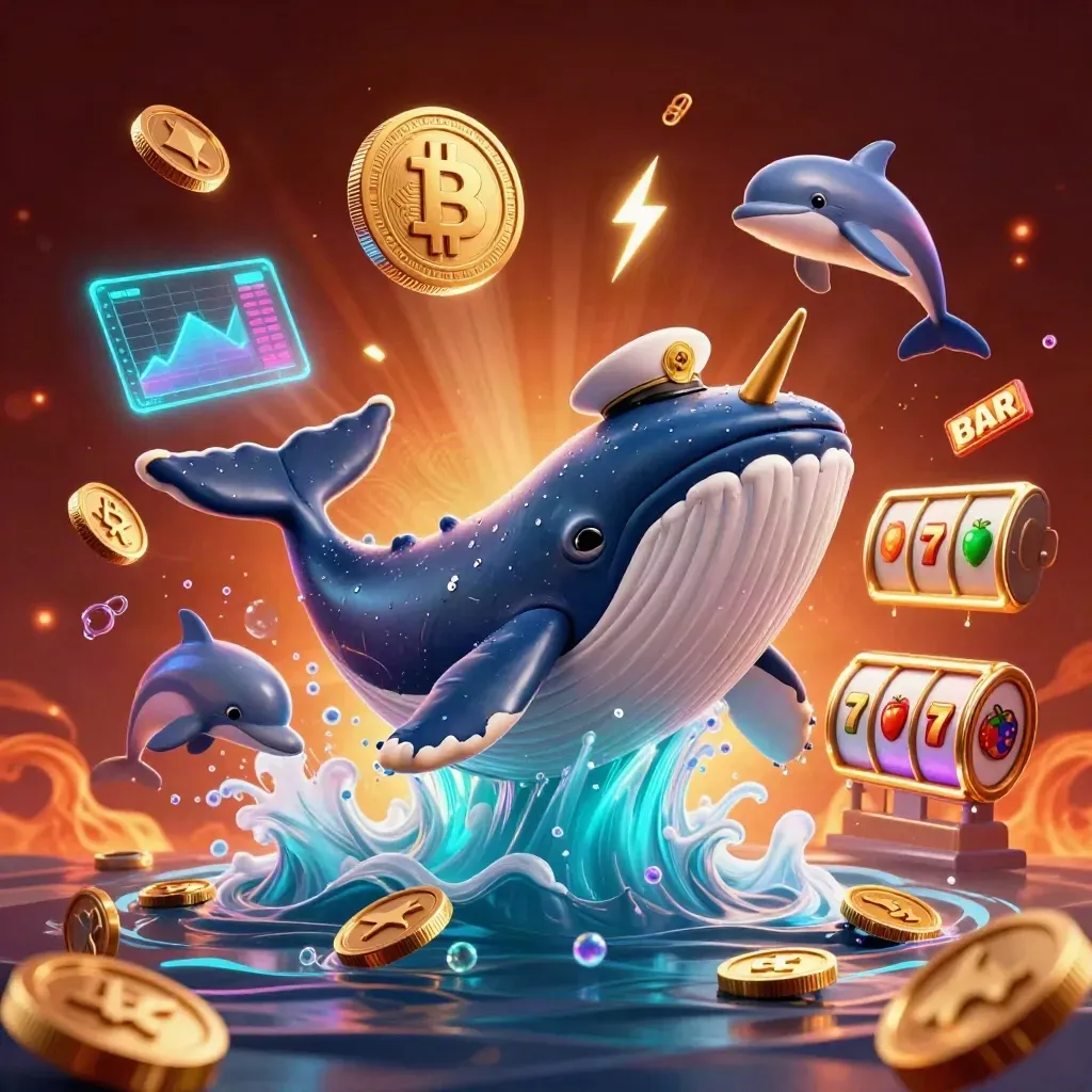 Whale captain, narwhal, and dolphins burst through coins with neon crypto and casino symbols