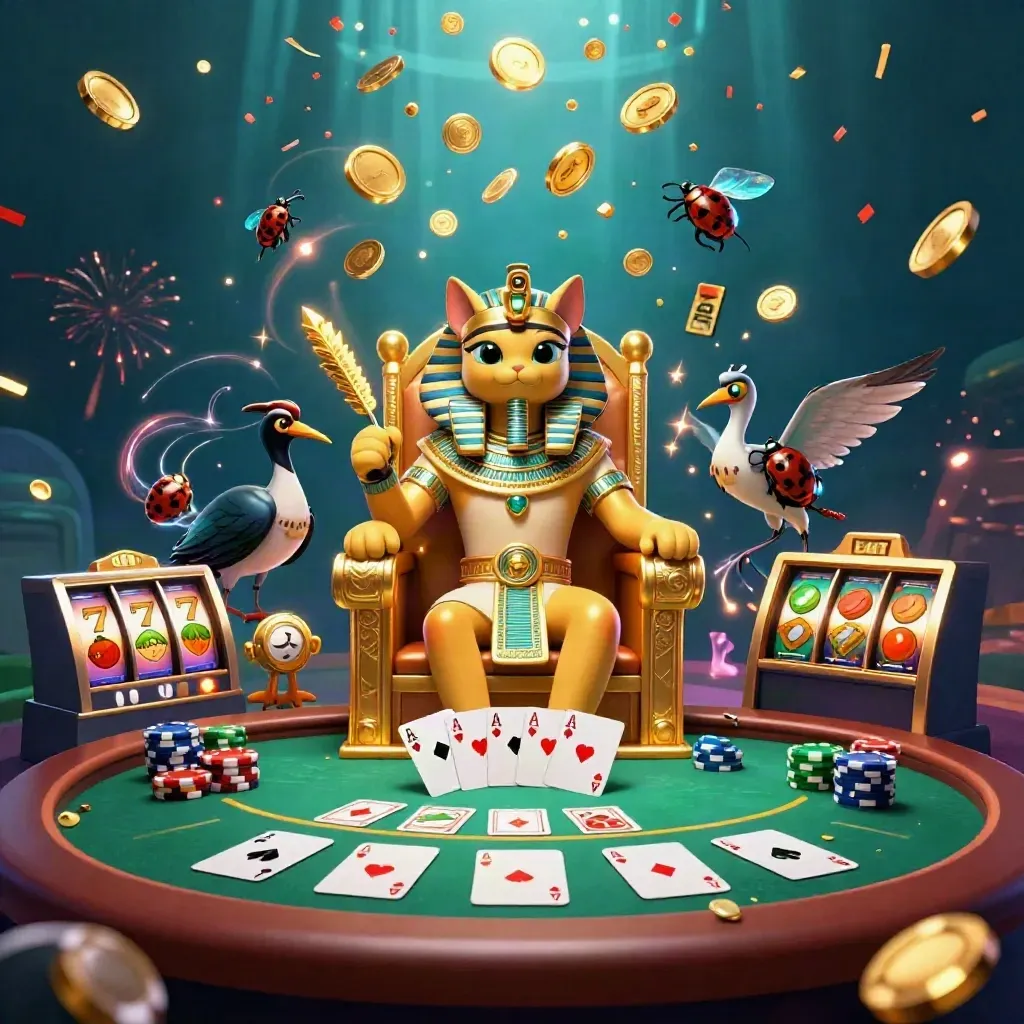 Pharaoh cat, ibis scribe, and gem-winged scarabs amid casino treasures and glowing slot symbols