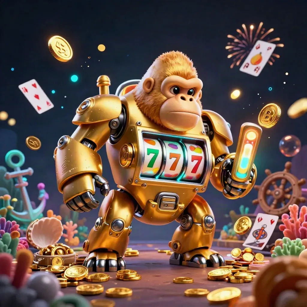 Golden gorilla slot mech with monkey pilot amid coins, coral, cards, and neon casino glow.