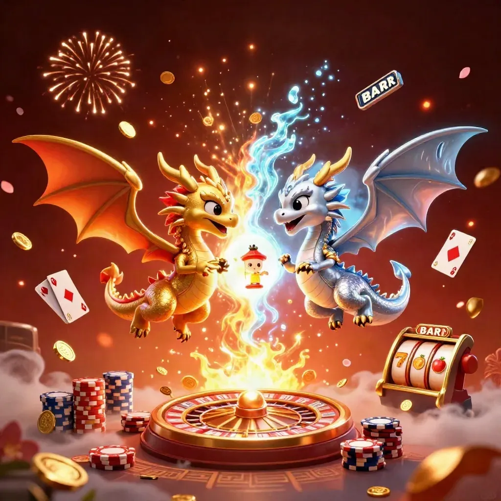 Gold and silver dragons whirl amid coins, chips, roulette wheel, cards, and glowing casino magic.