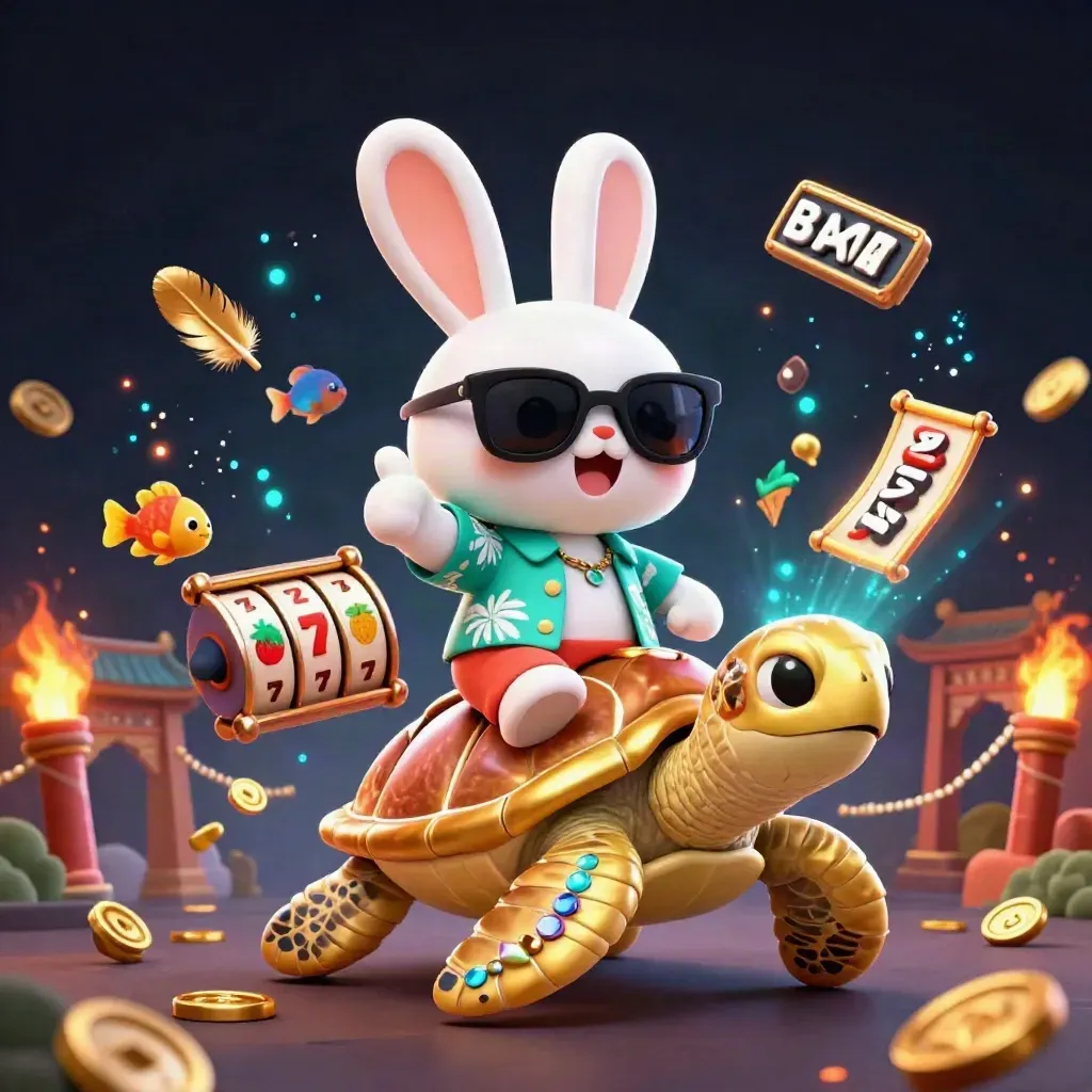 Lucky rabbit rides a golden turtle amid casino relics, reels, coins, and glowing particles.