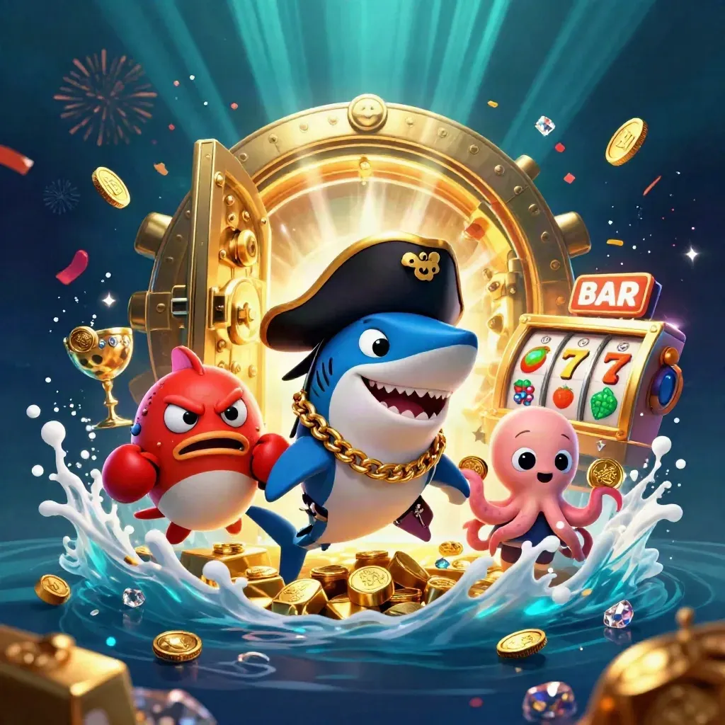 Pirate shark, boxing pufferfish, and coin-juggling octopus amid treasure and glowing slot effects