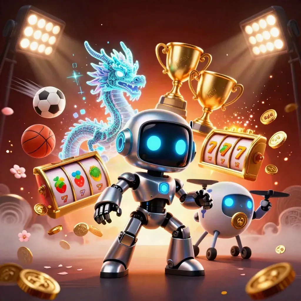 Cyberpunk robot, holographic dragon, and coin drone amid casino sports symbols and glowing effects.