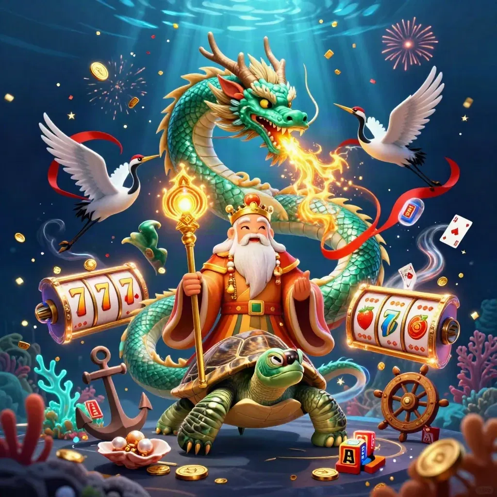 Emerald dragon, turtle sage, and cranes amid underwater casino treasure and glowing effects.