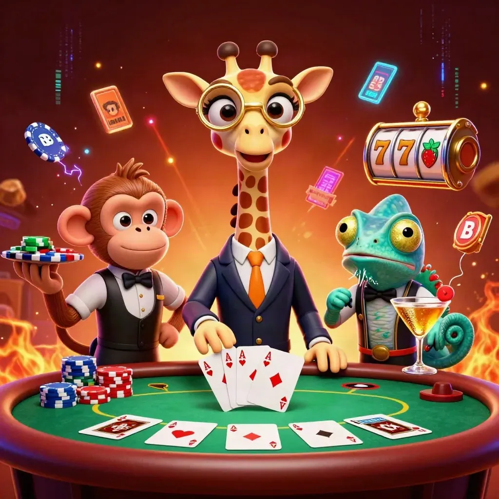 Giraffe, monkey valet, and chameleon bartender at a glowing poker table with chips and slot reels.