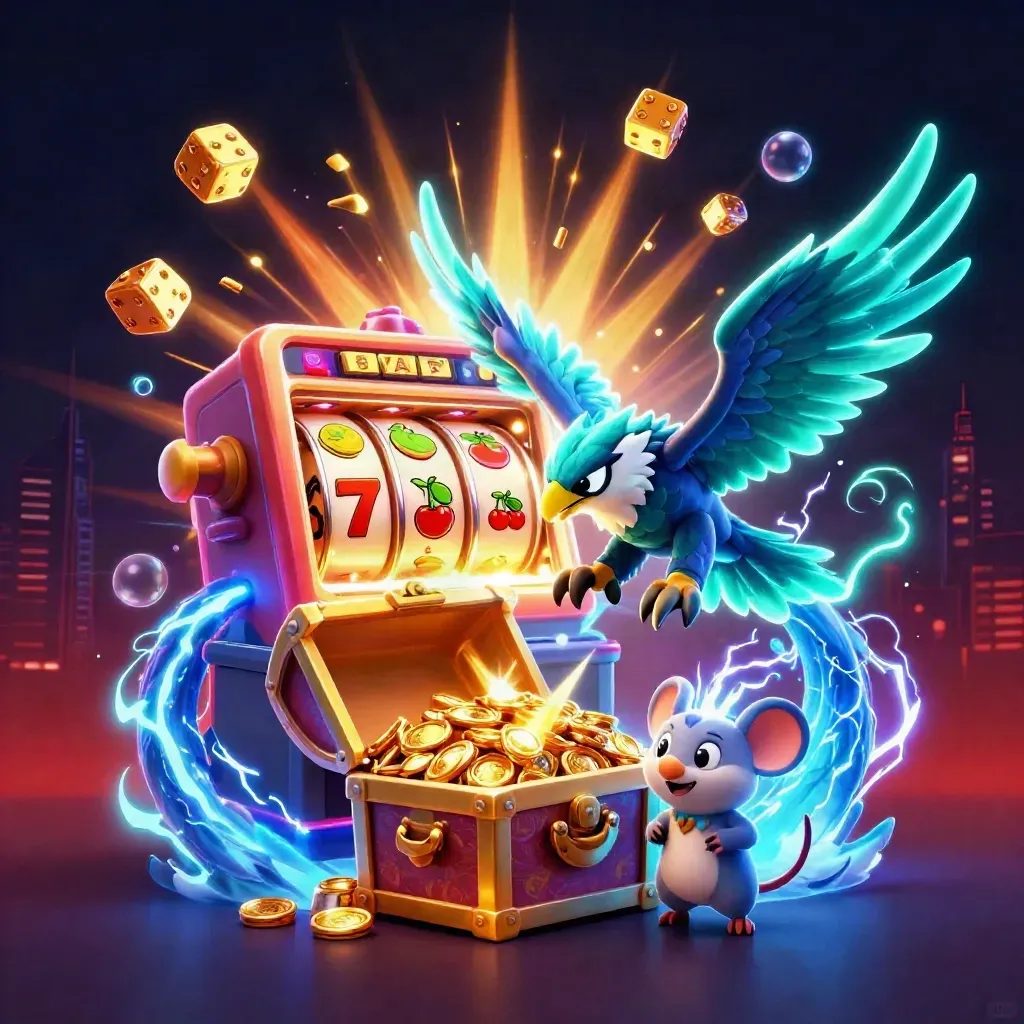 Dragon, hawk, and static mouse amid a bursting slot machine, gold, dice, and neon casino effects.